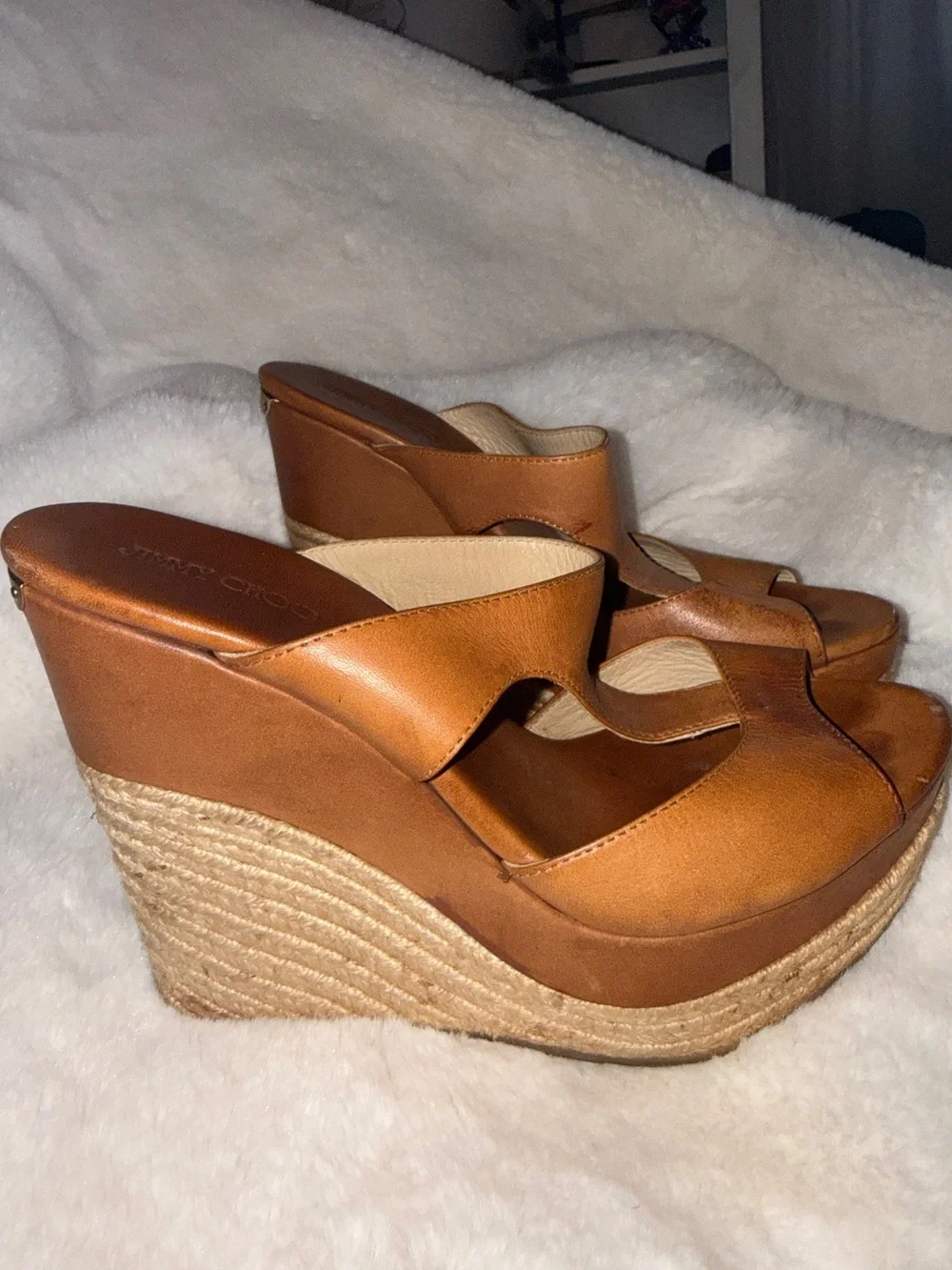 Jimmy Choo Cognac Leather Espadrille Wedge Sandals